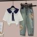 Women's Clothing Women's Fashionable Two-Piece Set With Navy Collar Lace Trimmed Faux Top Paired With Ethnic Style Style Jeans_ecoleips.com