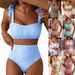 Women's Striped High-Waisted Bikini Set 2 Piece Swimwear Lace-Up Shoulder Detailing_ecoleips.com