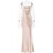 Verve Women's Summer New Off-Shoulder Satin Strap Backless Sexy Slim Evening Gown Long Dress_ecoleips.com