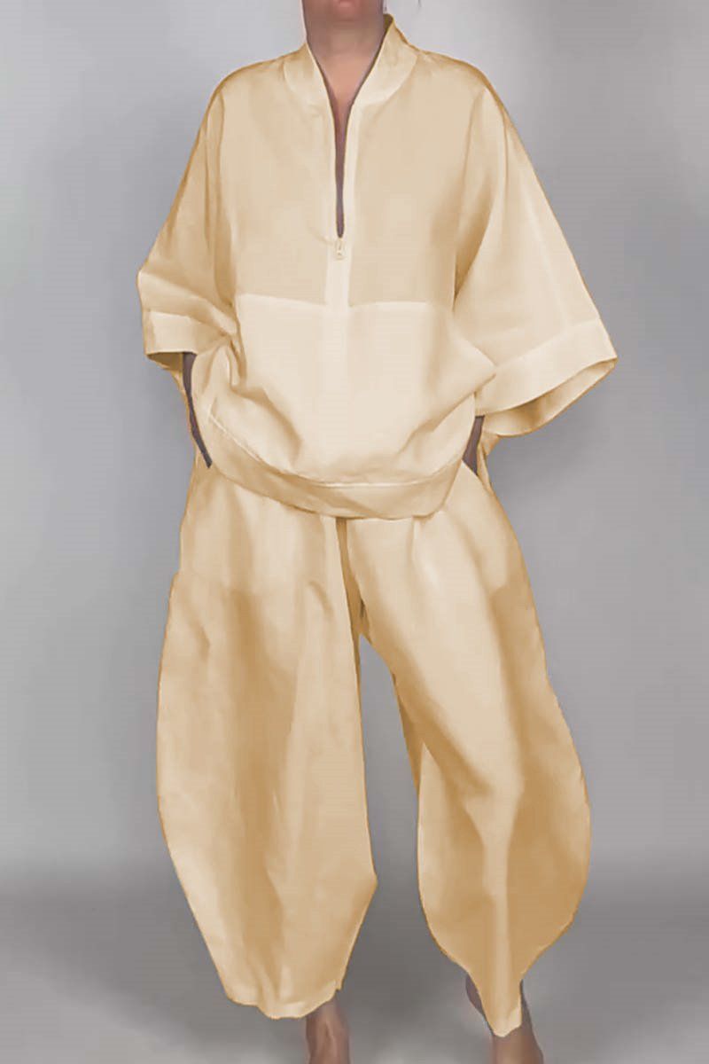 Women's Clothing Autumn_women's Loose Casual Solid Color Pocket Half Zip Top Flower Bud Pants Suit_ecoleips.com