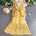 Women's French Style Elegant V Neck Dress Summer Slimming Flattering Lantern Sleeve Pleated Hem_ecoleips.com