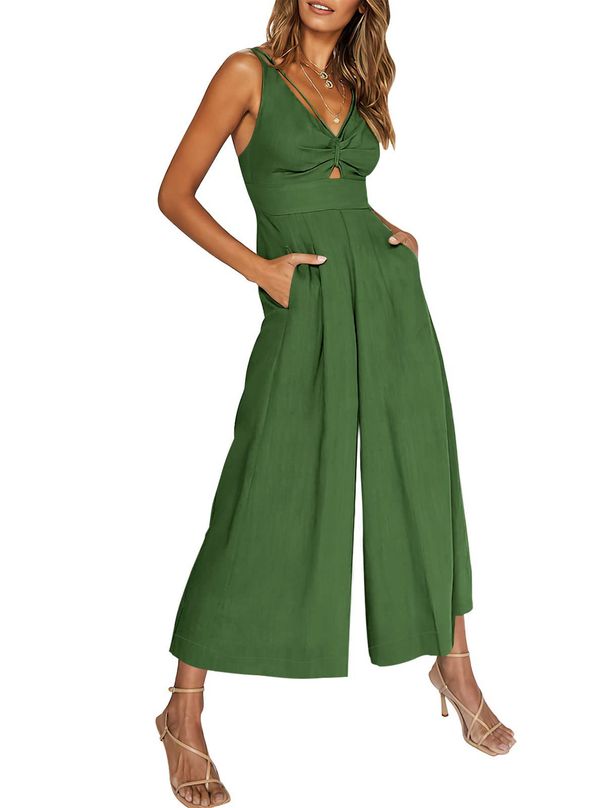 Women's Summer Camisole Jumpsuit V Neck Hollowed Out Gathered High Waisted Wide Leg Pocket_ecoleips.com