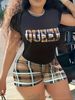 Women’s Clothing Women's Plaid Letter Print Short Sleeve Shorts Home Clothes Two Piece Set_ecoleips.com