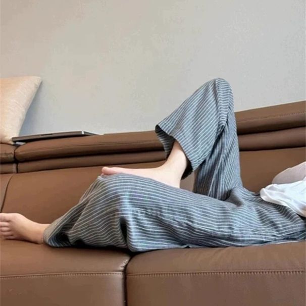 Breathable Linen Pants For Women - High Waisted Straight Leg Summer Trousers With Drawstring, Gray Striped Casual Office Pants For Petite_ecoleips.com