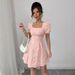 Summer Slim Fit Elegant Women's Dress Style Solid Color Jacquard Puff Sleeve Square Neck French Style Vacation Dress_ecoleips.com