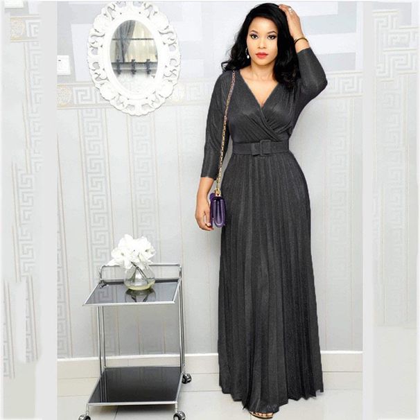 Fashion Gilding Pleated V Neck Long Sleeve Womendresses Spring Autumn New Slim Elegant Swing Female Office Party Dress With Belt_ecoleips.com