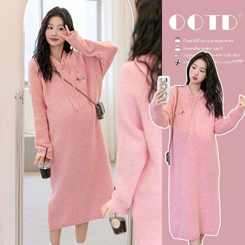 Autumn New Korean Fashion Loose Hooded Mid-Length Knitted Maternity Dress_ecoleips.com