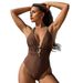 Solid Color Deep V Bikini Halter Neck Backless One Piece Swimsuit for Women European And American Style Sexy Vacation Wear_ecoleips.com