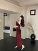 Burgundy Satin Slit-Neck Long Sleeve Bodycon Dress High Waist Asymmetrical Wrap Midi Dress with Detachable Sash for Women_ecoleips.com