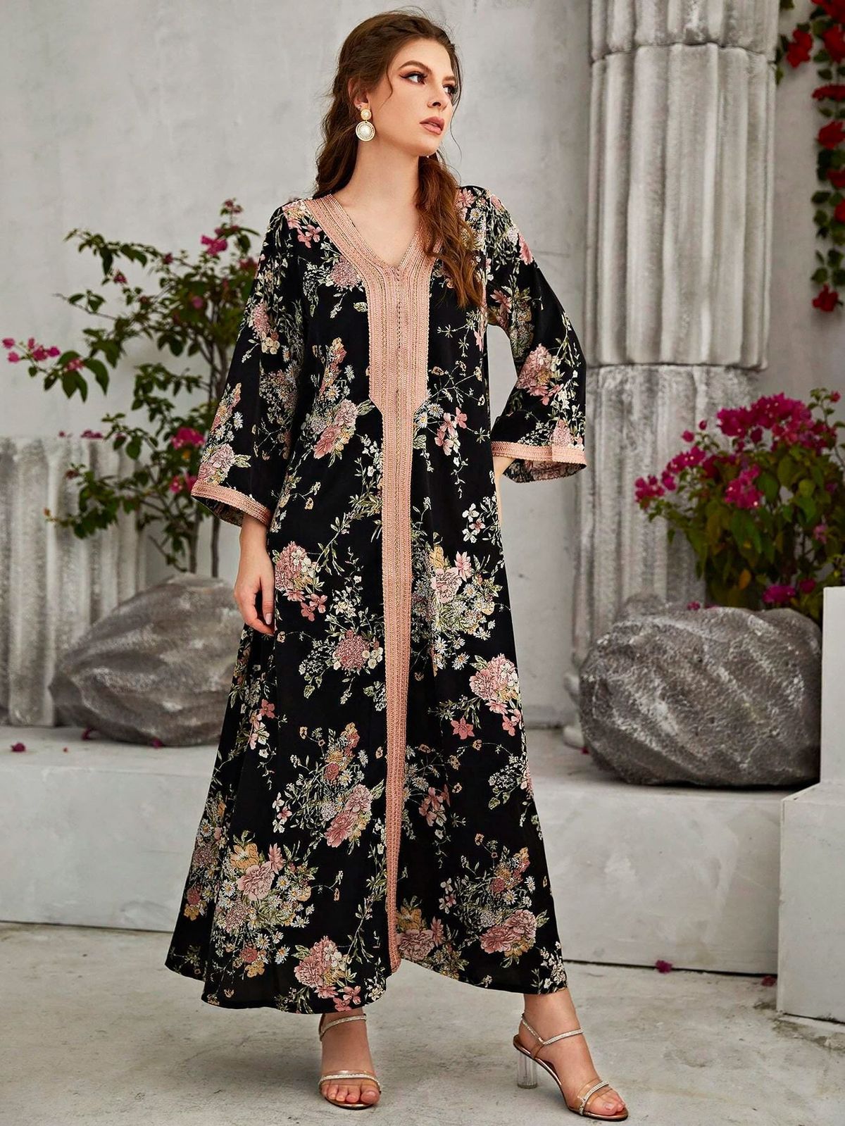 Modest Abaya Dress/Muslim Dress Women Elegant Floral Print Abaya Dress For Women - Modest Muslim Long Sleeve Maxi Dress_ecoleips.com