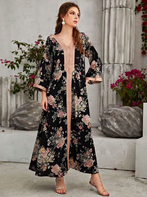 Modest Abaya Dress/Muslim Dress Women Elegant Floral Print Abaya Dress For Women - Modest Muslim Long Sleeve Maxi Dress_ecoleips.com