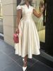 Freeacy Women's Elegant Dress V-neck Cap Sleeves Slim Fit A-line Party Dresses Solid Color High Waist Pleated Midi Dress_ecoleips.com
