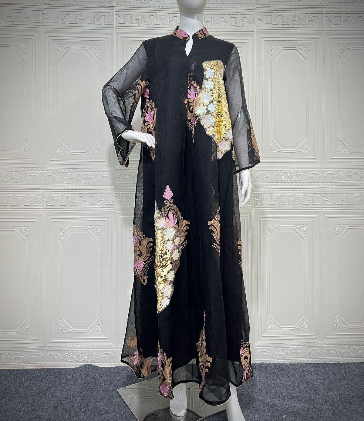 Elegant Muslim Abaya Dress – Embroidered Sequin Maxi Gown For Women, Modest Long-Sleeve Dubai Style Islamic Wear_ecoleips.com