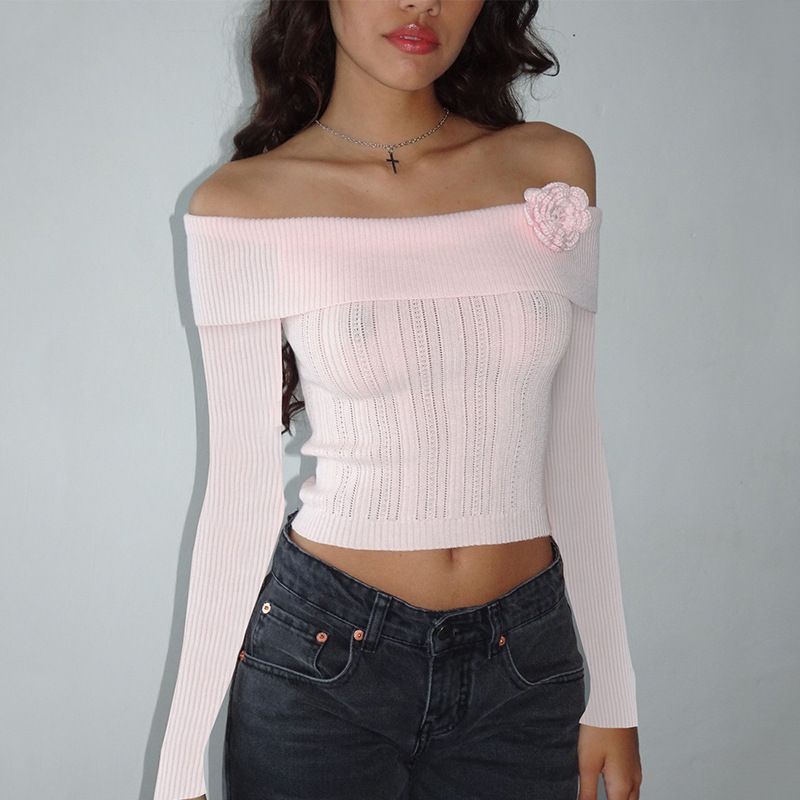 Women's Clothing One Shoulder Three Dimensional Flower Long Sleeved Sweater Knitted Short Top_ecoleips.com