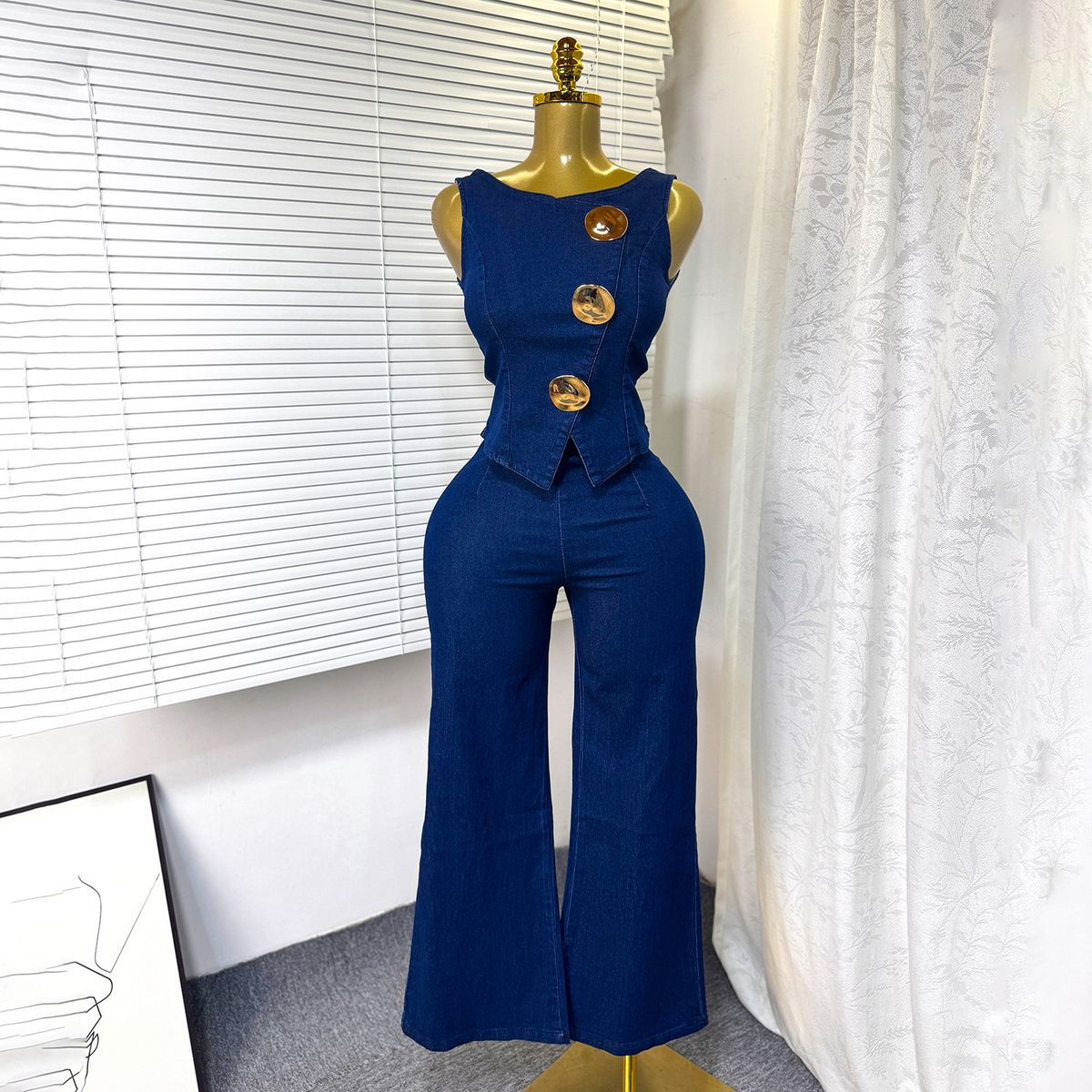 Women's Temperament Design Denim Suit Metal Button round Neck Sleeveless Vest High Waist Wide Leg Trousers Foreign Trade Style_ecoleips.com