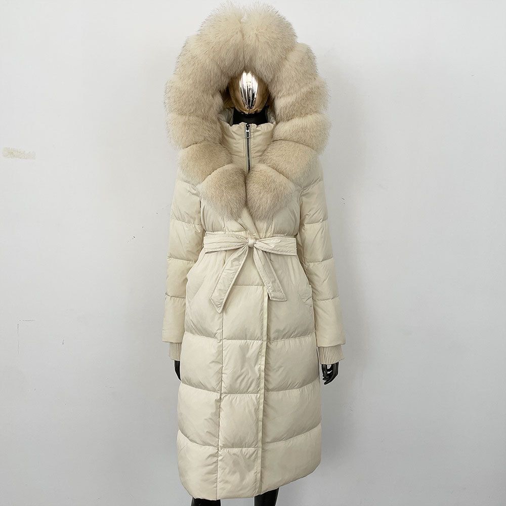 Women's Clothing Elegant Long Down Coat With Fox Fur Trim For Women - Winter Warmth, Slim Fit, Detachable Hood_ecoleips.com