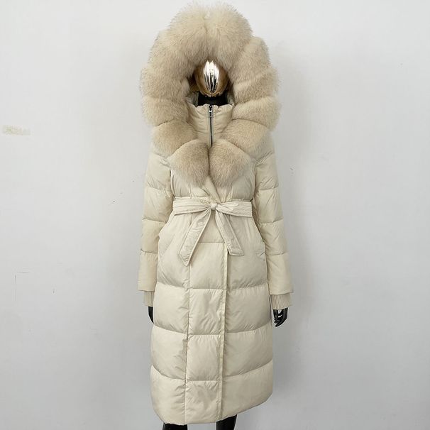 Women's Clothing Elegant Long Down Coat With Fox Fur Trim For Women - Winter Warmth, Slim Fit, Detachable Hood_ecoleips.com
