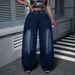 Retro Washed Blue Wide Leg Jeans High Waisted Elastic Plus Size Lantern Jeans Style Design Pleated_ecoleips.com