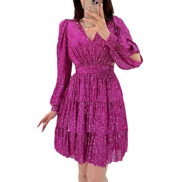 Women’s Clothing Autumn And Winter Women's V Neck Long Sleeve Bubble Sequin French Dress_ecoleips.com