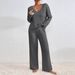 Women's V Neck Long Sleeve Suit Loose Fit Casual Ribbed Brushed Set For Autumn WinterRelaxed Everyday Wear Versatile Comfortable Feshion Trend_ecoleips.com
