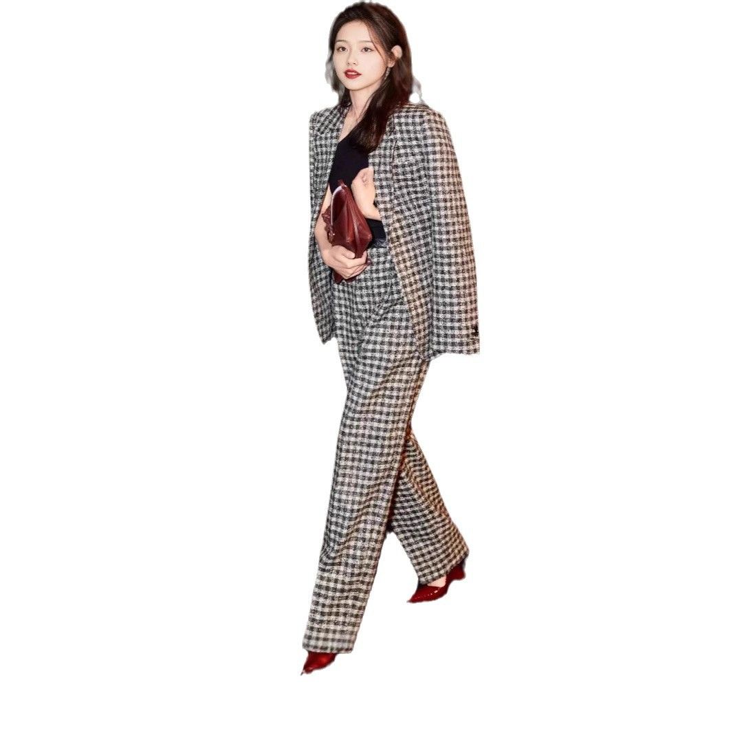 2025s Celebrity Black And White Checkered Suit Jacket, Women's Autumn Fashion Suit, Socialite Professional High-end Two-piece_ecoleips.com