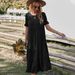 Women Spring Summer Solid Color Casual Resort Dress, Crew Neck High Waist Big Swing Long Dress With Ruffle Hem For Beach Daily Wear_ecoleips.com