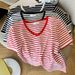 Women's Clothing Summer Style Women's T-Shirt V Neck Striped Short Sleeve Ice Silk Knit Fashionable Top For Ladies_ecoleips.com