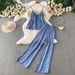Women's Relaxed Two Piece Set Casual Ruffled Camisole Top And High-Waisted Wide Leg Pants Striped Loose Fitting Stylish Outfit_ecoleips.com
