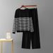 Spring Autumn Casual Fashion Set High Quality Striped Knit Top Wide Leg Trousers Two Piece Youthful Style_ecoleips.com