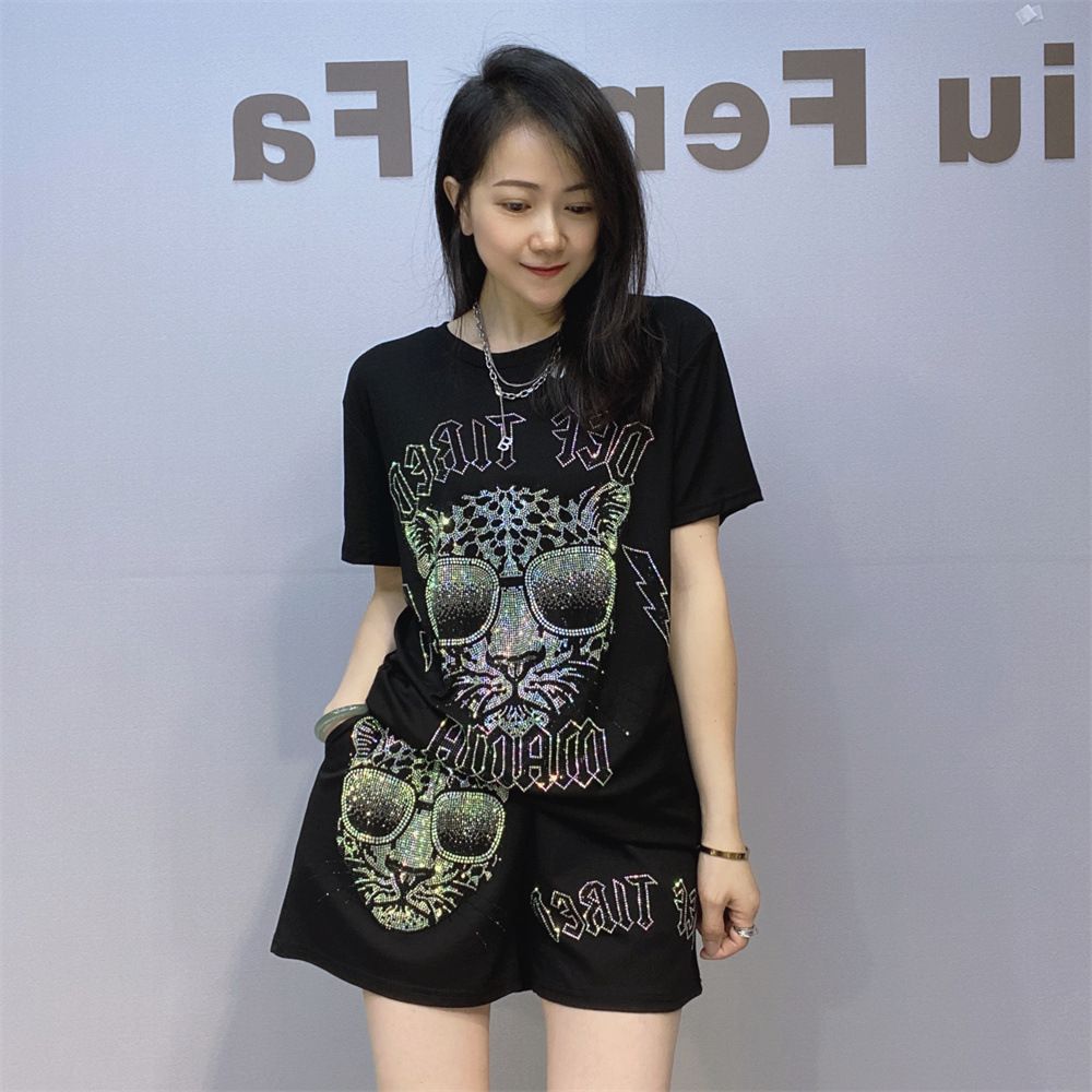 Women's Clothing Summer New Short Sleeved Shorts Casual Suit Hot Diamond T Shirt Two Pieces_ecoleips.com