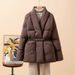 Elegant Winter Down Coat For Women With Belt, Loose Fit Long Puffer Jacket, V-Neck Quilted Outerwear In Black, Beige & Brown_ecoleips.com