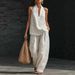 Women's Summer V Neck Backless Halter Neck Vest And Wide Leg Pants Two Piece Set Solid Color European And American Style_ecoleips.com