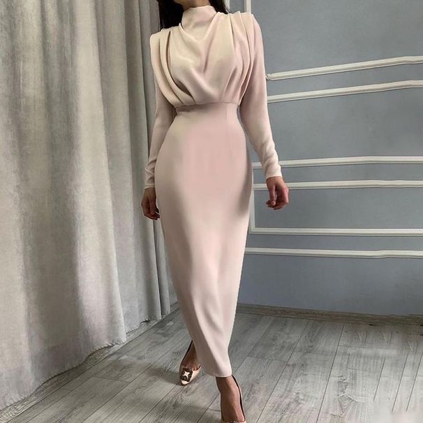 Women's Spring Dress Fashion Temperament Waist-Controlled Solid Color Long Sleeve Dress_ecoleips.com