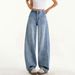 Light Blue High-Waisted Curved Hem Jeans For Women – Loose Fit Wide-Leg Denim Pants With Relaxed Streetwear Vibe (Summer Staple)_ecoleips.com