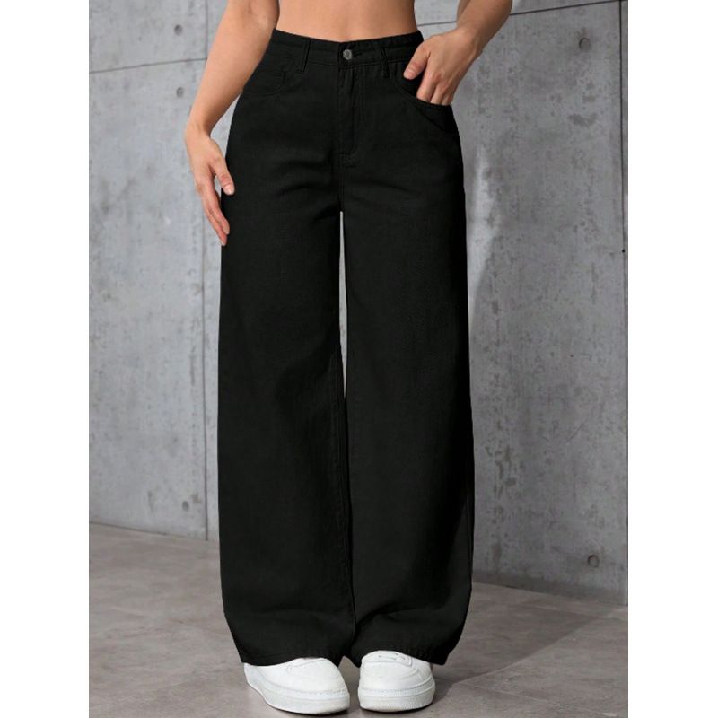 Slimming Black Washed Straight Leg Jeans Wide Leg Pants for Women European American Style Loose Fitting Height Enhancing_ecoleips.com