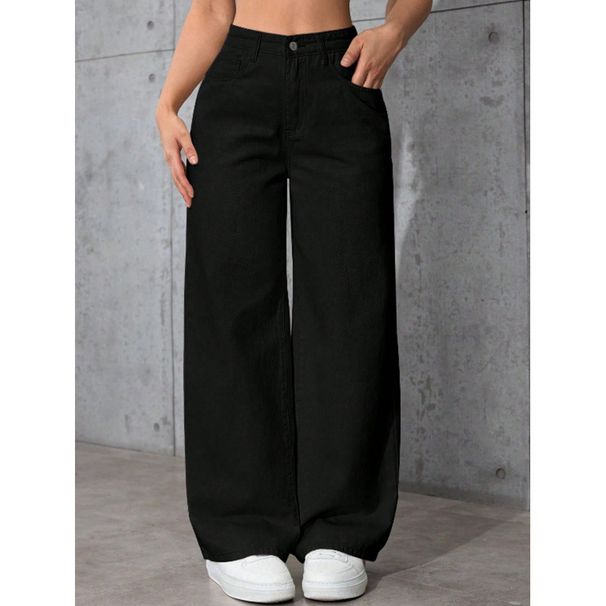 Slimming Black Washed Straight Leg Jeans Wide Leg Pants for Women European American Style Loose Fitting Height Enhancing_ecoleips.com