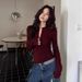 Spice Girl Half Open Neck Red White T-Shirt Women's Bottom Shirt V-Neck Long Sleeve Top_ecoleips.com