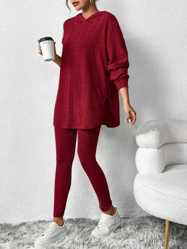 Women's Clothing Ribbed Loose Hooded Long Sleeved Casual Trousers Threaded Suit_ecoleips.com