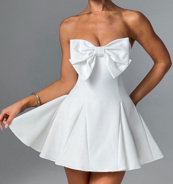 Women’s Clothing Autumn And Winter New Products Tube Top Bow Short Skirt Sweet Style Women's Clothing Solid Color Dress_ecoleips.com