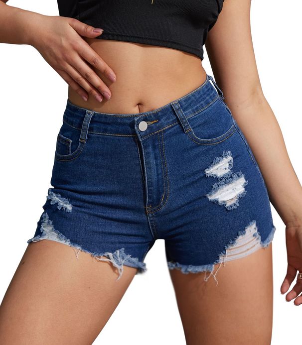 Women's Clothing Denim Shorts For Women All Match Blue Ripped Shorts With Frayed Hem Jeans_ecoleips.com