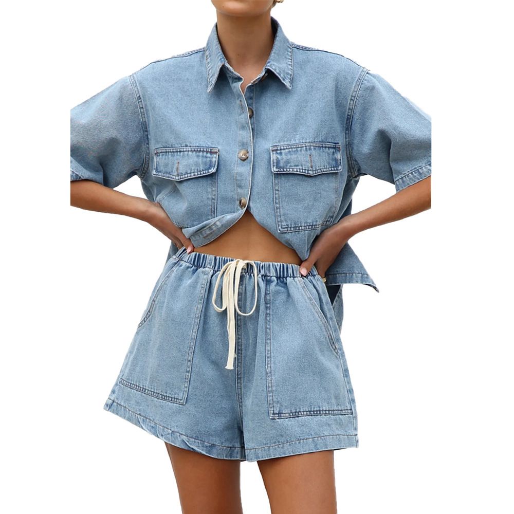 Women's Clothing Summer Women's Casual Loose Pocket Short Sleeved Shirt Shorts Denim Two Piece Suit_ecoleips.com