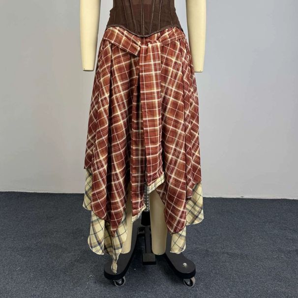 Summer Vintage Plaid High Waist Midi Skirt – Elegant Asymmetrical Wrap Skirt For Women (S-2xl, Skirt & Set Options, Office & Casual Wear)_ecoleips.com