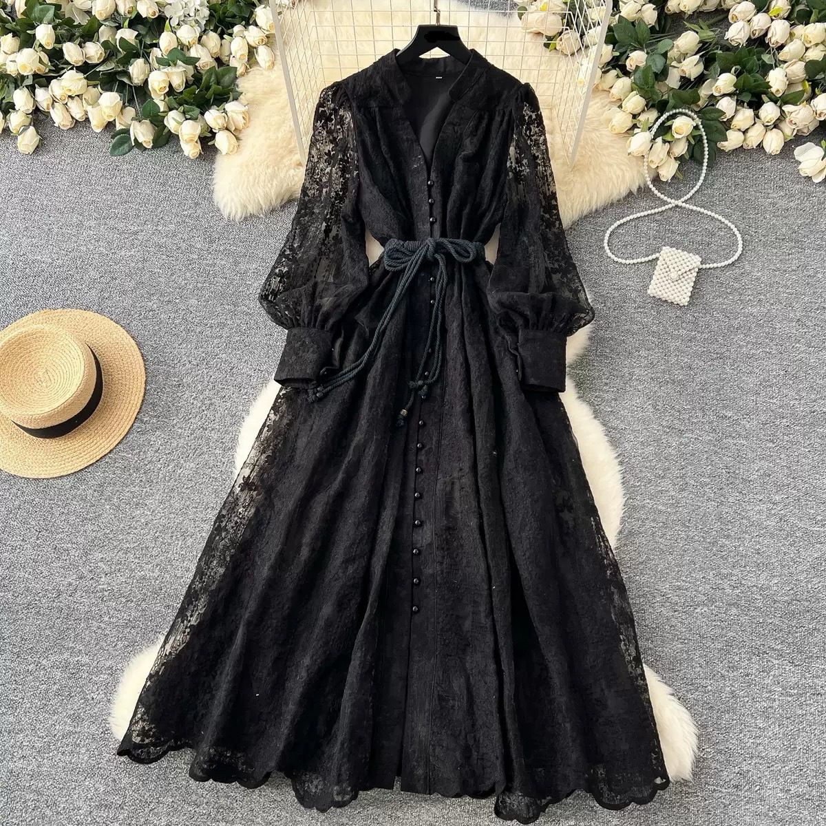 Women's Clothing High-end Dress Spring Waist Heavy Embroidery V-neck Lantern Sleeve Single-breasted Long Skirt Children_ecoleips.com