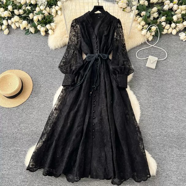 Women's Clothing High-end Dress Spring Waist Heavy Embroidery V-neck Lantern Sleeve Single-breasted Long Skirt Children_ecoleips.com