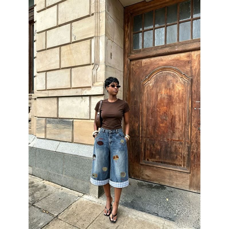 Women's Retro Puppy Embroidered Plaid Patchwork Wide Leg Loose Cropped Jeans European American Style New 2026 Cross Border Foreign Trade_ecoleips.com