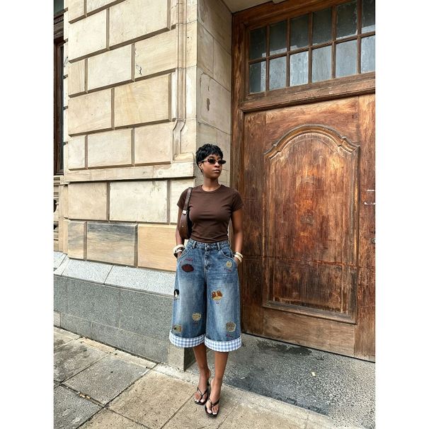 Women's Retro Puppy Embroidered Plaid Patchwork Wide Leg Loose Cropped Jeans European American Style New 2026 Cross Border Foreign Trade_ecoleips.com