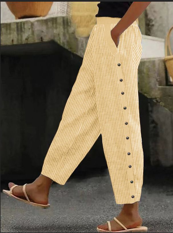 Women's Clothing Women's Printed Striped Cropped Pants Buttoned Elastic Waist Fashion For Formal & Casual For Women_ecoleips.com