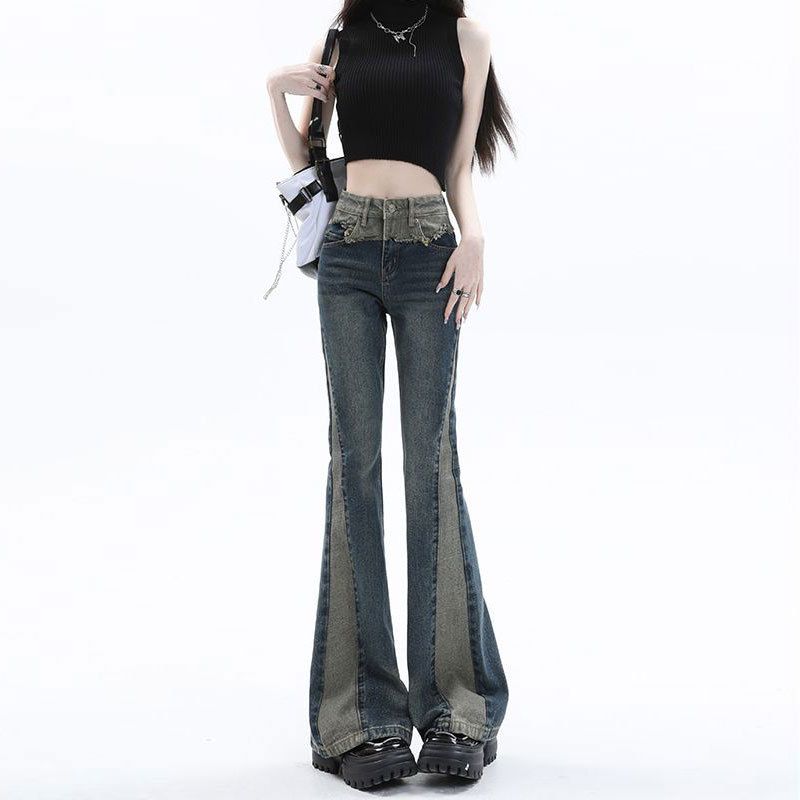 Women’s High-Waisted Flared Jeans – Vintage Washed Denim With Contrast Stitching & Patchwork Design (S-2XL, Retro Blue, Relaxed Fit)_ecoleips.com