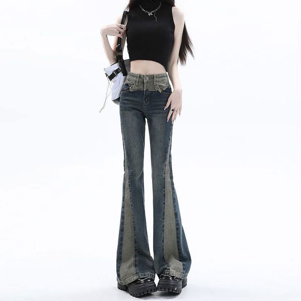 Women’s High-Waisted Flared Jeans – Vintage Washed Denim With Contrast Stitching & Patchwork Design (S-2XL, Retro Blue, Relaxed Fit)_ecoleips.com