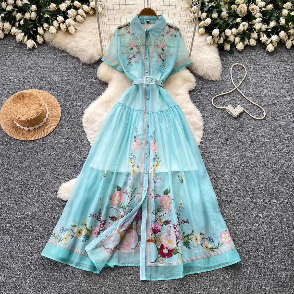 Women's French Style Heavy Duty Collared Dress Summer Long Sleeved Fitted Waist A-Line Skirt Maxi Elegant Gentle Vacation Dress_ecoleips.com
